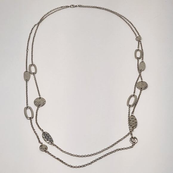 Multi Chain Hammered Disc Silver Tone Long Chain Necklace Layered Casual Jewelry - Picture 2 of 4